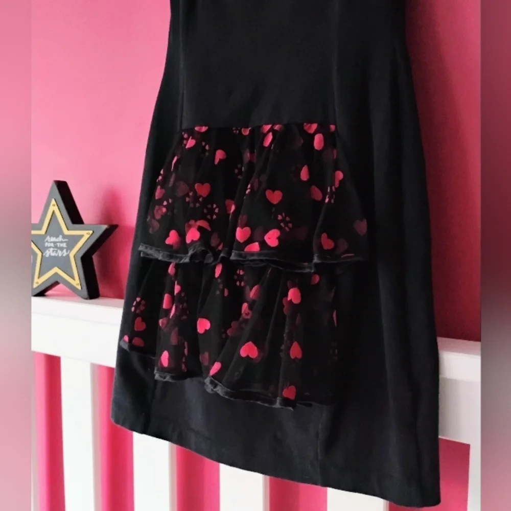 VINTAGE Betsey Johnson Black Dress w/Ruffles & Velvet Pink Hearts •SIZE SMALL 💕 - Picture 3 of 8